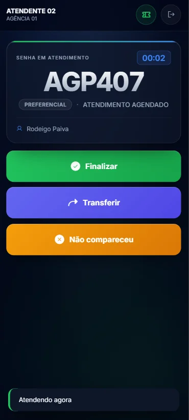 SCA atendimento mobile — atendente puxa fila pelo celular em Modo Socorro