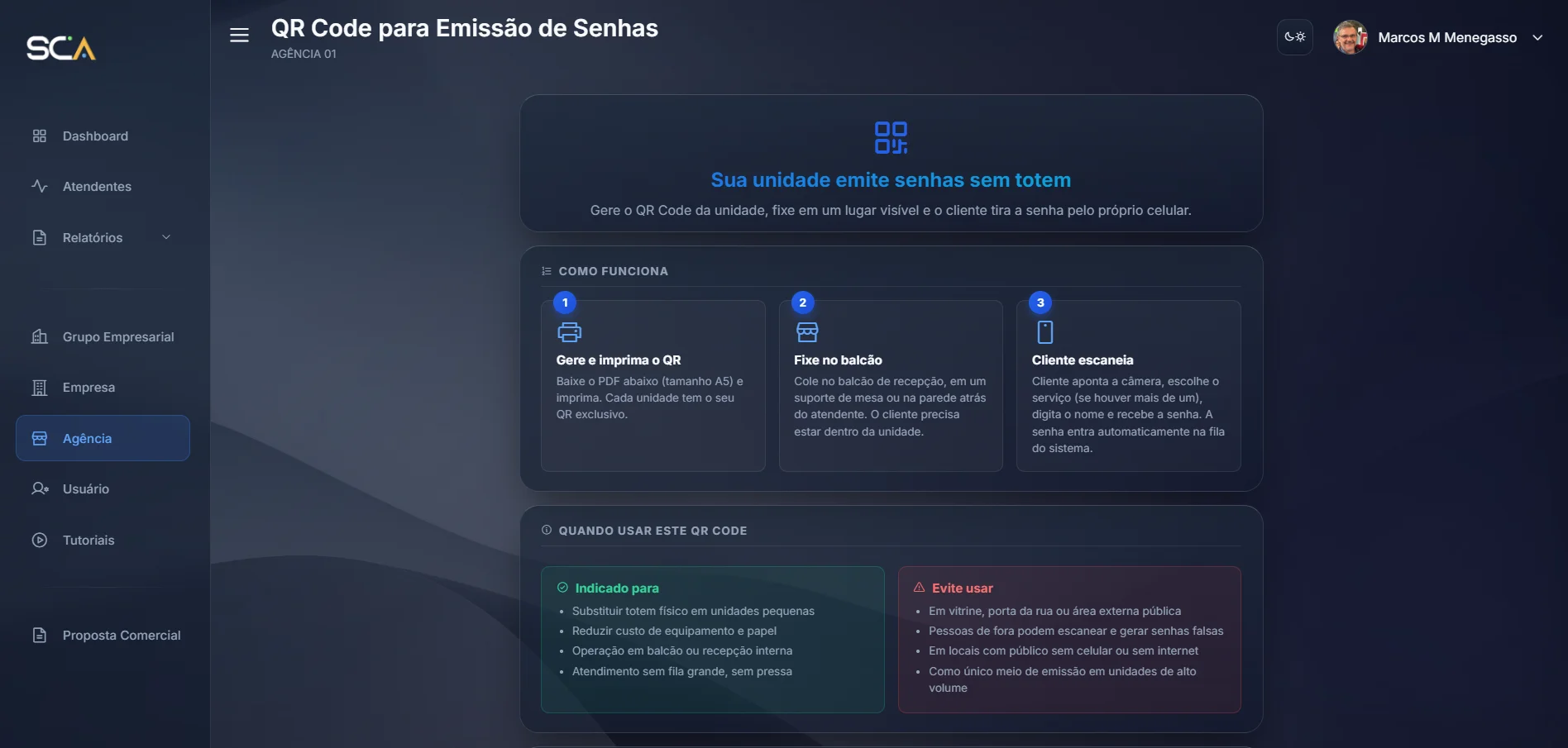 Tela administrativa do SCA para gerar o QR Code público da agência