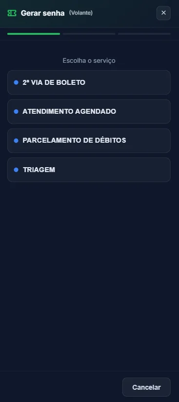 Tela mobile do atendente volante — emissão de senha pelo celular